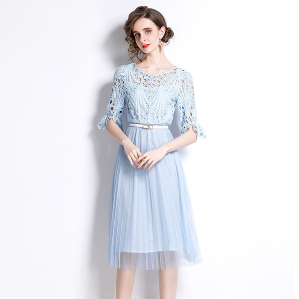 Round Collar Water-Soluble Lace Mesh Stitching MIDI Dress Fashion Temperament