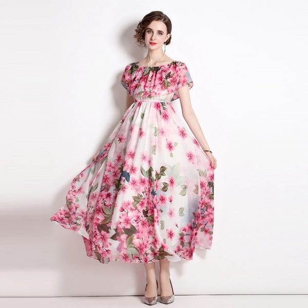 One-line Collar Ruffled Sleeve Waistband Big Wwing Chiffon Print Dress