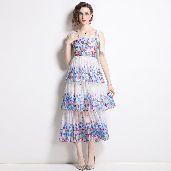 Printed Cake Skirt Lace-Up Suspender Dress