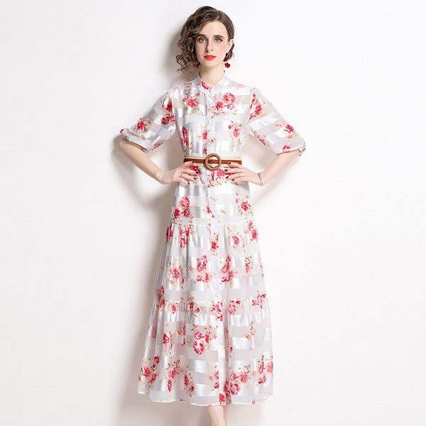 Half High Neck Lantern Sleeve Vintage Print Full-length Dress with Waist Tucked in (with Suspender)