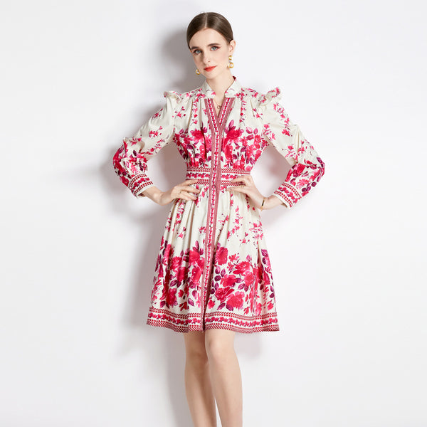 Retro Palace Style V-Neck Single Breasted Lantern Sleeve Tucked Waist Slimming Dress