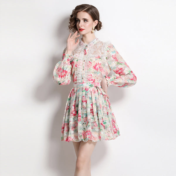 Fashion Printed Embroidery Patchwork Lace  Long-Sleeved Shirt Half Skirt Suit
