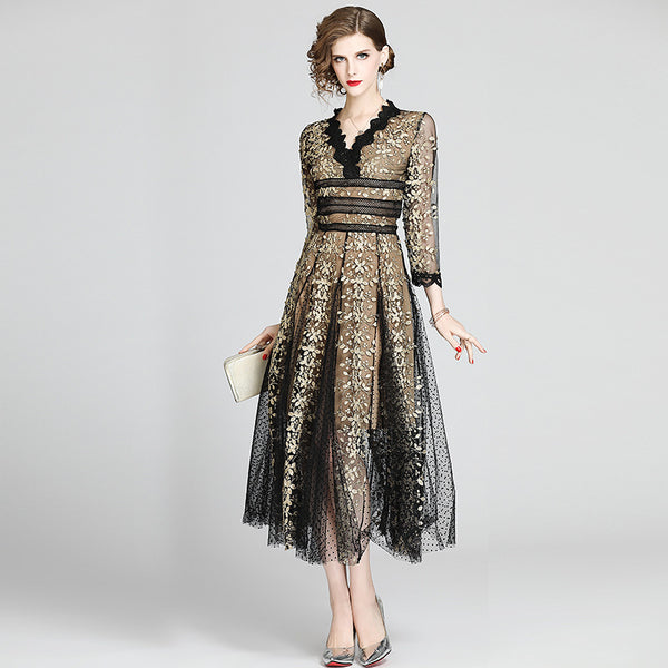 Slimming V-Neck Nine-Point Sleeved Long Skirt Dress